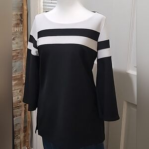 Boston Proper Stretch Tunic Top Womens Sz S Black & White Stripe Bell Sleeves